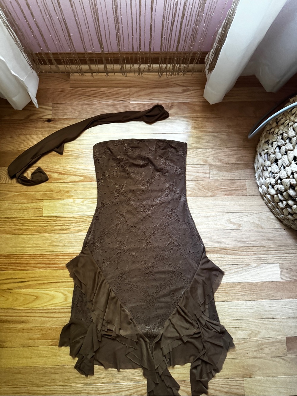 Tiger Mist Strapless Brown Lace Ruffle Dress